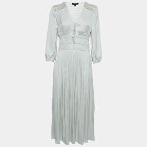 Maje Cream Satin Tie-Up Neck Gathered Midi Dress M