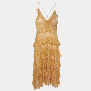 Maje Yellow Floral Print Cotton Ruffled Midi Dress M