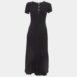 Maje Black Pleated Knit Cut-Out Detail Midi Dress L