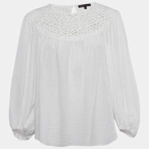 Maje White Textured Cotton Crochet Yoke Detail Blouse M