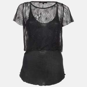 Maje Black Patterned Lace and Knit Layered Top L