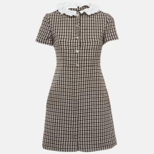 Maje Brown Plaid Cotton Blend Lace Collar Mini Dress S