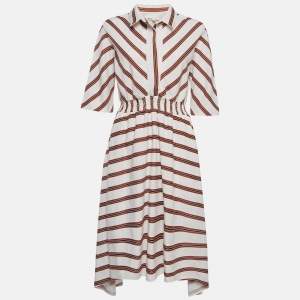 Maje White/Red Striped Gabardine Asymmetric Midi Dress XL 