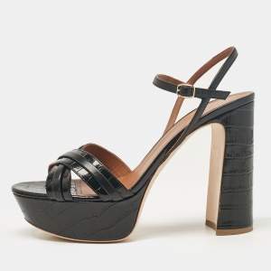 Malone Souliers Black Croc Embossed Leather and Leather Mila Ankle Strap Sandals Size 42