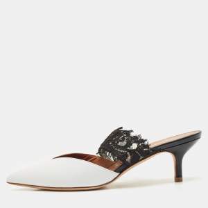 Malone Souliers x Emanuel Ungaro White/Black Lace and Leather Maisie Mules Size 36