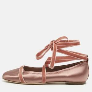 Pre Owned Malone Souliers Pink Satin And Velvet Spencer Ankle Wrap Ballet Flats Size 40
