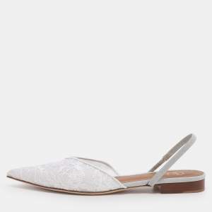 Pre Owned Malone Souliers White Lace Marla Slingback Flats Size 39