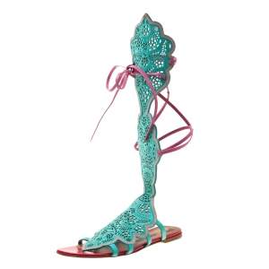 Pre Owned Malone Souliers Tricolor Suede And Leather Lazer Cut Tie Up Flat Sandals Size 40