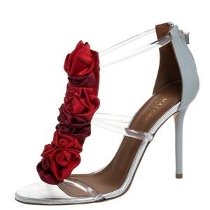 Pre Owned Malone Souliers Grey Leather And PVC Strappy Floral Embellished Open Toe Sandals Size 38