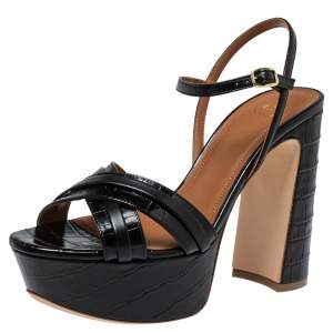 Pre Owned Malone Souliers Black Croc Embossed Leather Mila Ankle Strap Platform Sandals Size 37.5
