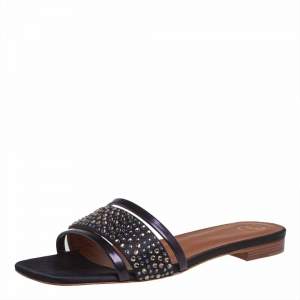 Malone Souliers Black Leather And Satin Rosa Crystal Embellished Slide Sandals Size 36.5