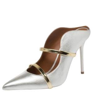 Pre Owned Malone Souliers Metallic Silver/Gold Leather Maureen Mule Pumps Size 38.5