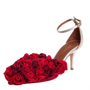 Pre Owned Malone Souliers Red/Grey Satin And Leather Floral Embellished Ankle Strap D'orsay Pumps Size 36