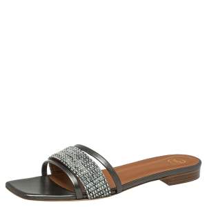 Pre Owned Malone Souliers Metallic Grey/Silver Leather And Fabric Demi Flat Slides Size 41