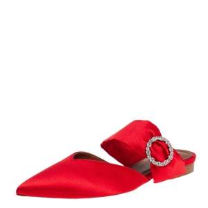 Pre Owned Malone Souliers Red Satin Maite Crystal Buckle Flats Size 37