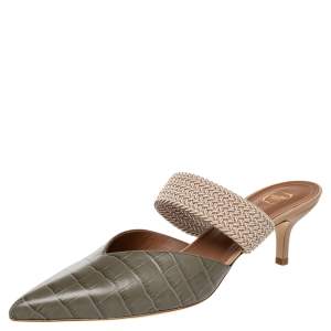 Pre Owned Malone Souliers Green Croc Embossed Leather And Cord Maisie Pointed Toe Mules Sandals Size 40