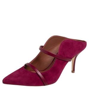 Pre Owned Malone Souliers Burgundy Suede and Leather Maureen Pointed Toe Mules Size 37.5
