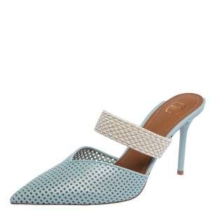 Pre Owned Malone Souliers Blue Perforated Leather and Canvas Maisie Pointed Toe Mules Size 40
