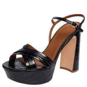 Pre Owned Malone Souliers Black Croc Embossed Leather Mila Platform Sandals Size 39