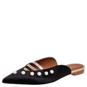 Pre Owned Malone Souliers Black/Dull Gold Satin and Leather Zelda Flat Mules Size 40