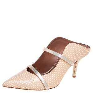 Pre Owned Malone Souliers Gold/Beige Snakeskin Embossed Leather Maureen Mule Sandals Size 37.5