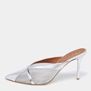 Pre Owned Malone Souliers Silver Mesh and Leather Bobbi Mules Size 39