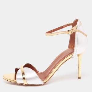 Pre Owned Malone Souliers Silver/Gold Leather Honey Ankle-Strap Sandals Size 41
