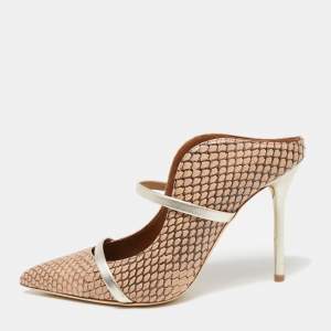 Pre Owned Malone Souliers Beige/Gold Snakeskin Leather Maureen Pointed-Toe Mules Size 37.5