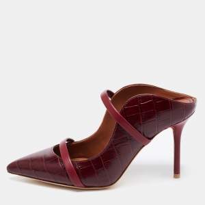 Pre Owned Malone Souliers Burgundy Croc Embossed Leather Maureen Mules Size  35