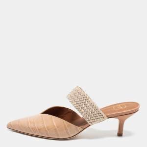 Pre Owned Malone Souliers Beige Croc Embossed Leather And Cord Maisie Pointed Toe Mules Sandals Size 36