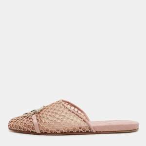 Pre Owned Malone Souliers Pink Mesh and Leather Crystal Embellished Flat Mules Size 40