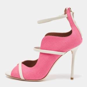 Pre Owned Malone Souliers Pink/Cream Canvas Mika  Ankle Strap Pumps Size 38