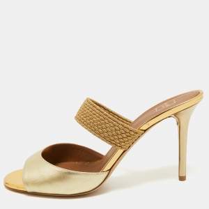 Malone Souliers Gold Leather and Woven Lurex  Milena Slides Size 39 