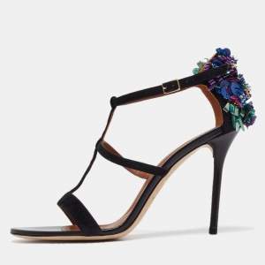 Malone Souliers Black Suede Floral Embellished Ankle Strap Sandals Size 41