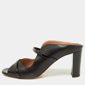 Pre Owned Malone Souliers Black Leather and Patent Leather Maureen Open Toe Block Heel Mules Size 38