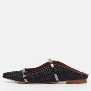 Malone Souliers Black Woven Satin and Leather Maureen Flat Mules Size 38