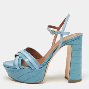Malone Souliers Blue Croc Embossed Leather Mila Platform Ankle Strap Sandals Size 38