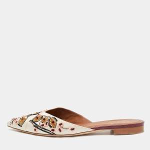 Pre Owned Malone Souliers Off White Satin Floral Embroidered Flat Mules Size 39.5