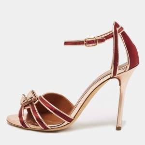 Malone Souliers Burgundy/Gold Leather and Satin Ankle Strap Sandals Size 38