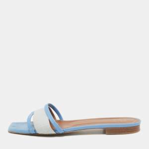 Malone Souliers Grey/Blue Leather And Fabric Demi Flat Slides Size 40