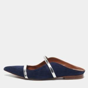 Malone Souliers Navy Blue/Silver Velvet and Leather Maureen Flat Mules Size 37