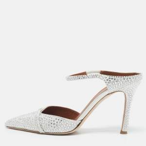 Malone Souliers White Satin Crystal Embellished Ankle Strap Pumps Size 40
