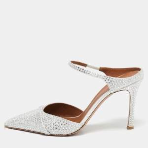 Malone Souliers Silver Satin Crystal Embellished Uma Mules Size 41