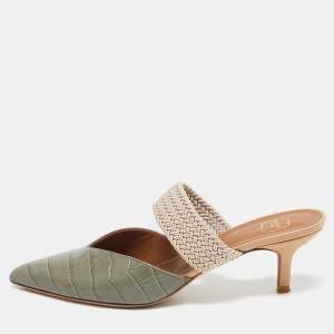 Malone Souliers Army Green Croc Embossed Leather Maisie Mules Size 37