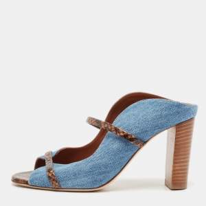 Pre Owned Malone Souliers Blue/Brown Denim and Python Embossed Leather Maureen Mules Size 37