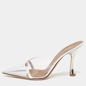 Malone Souliers Silver Patent Leather and PVC Joella Heel Mules Size 37.5