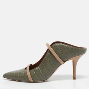 Malone Souliers Army Green/Beige Croc Embossed Leather Maureen Mules Size 40.5