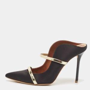 Malone Souliers Black/Gold Satin and Leather Maureen Mules Size 38.5