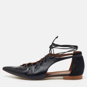 Malone Souliers Black Leather and Suede Montana Lace Up Pointed Toe Flats Size 40.5