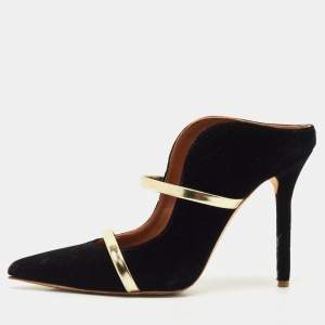 Malone Souliers Black/Gold Velvet and Leather Maureen Pointed Toe Mules Size 38